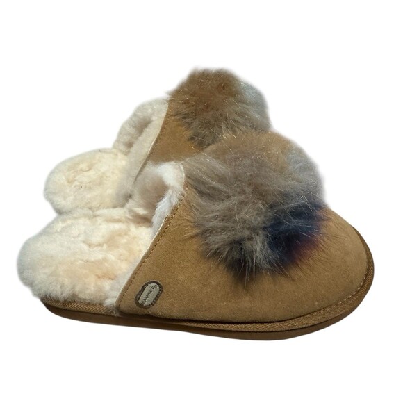 Bearpaw Alexia Brown Suede Sheepskin Slippers Mules Sz 10 Women Pom Pom NWOB - Picture 1 of 5